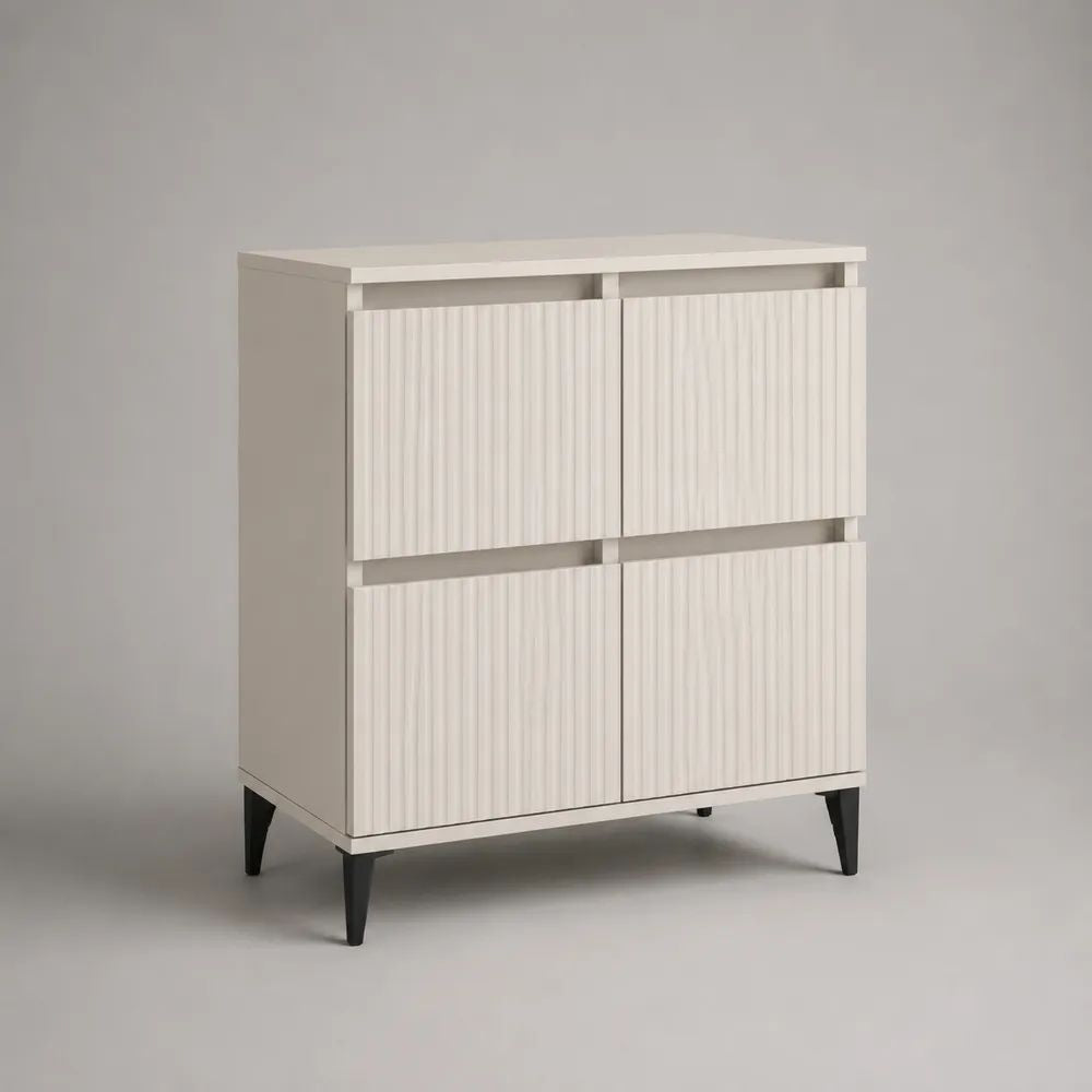 Credenza alta rettangolare in legno bianco con 4 ante scanalate e gambe in metallo nero, 80 × 35 × 100 cm