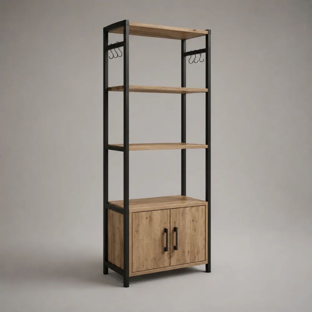 Scaffale da cucina con mobile a 2 ante, 4 ripiani in legno e struttura in acciaio, rovere naturale e nero, 80 x 40 x 180 cm
