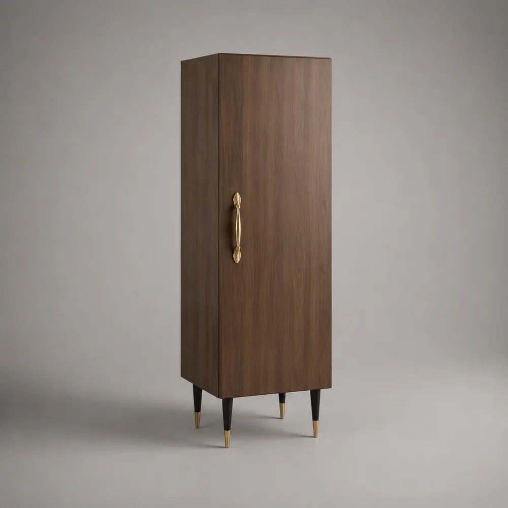 Credenza alta rettangolare a 1 anta in MDF impiallacciato noce, marrone noce, nero e oro, 55 x 40 x 170 cm