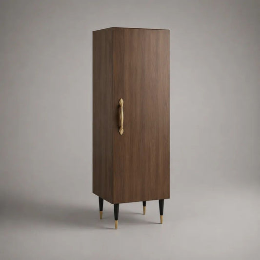Credenza alta rettangolare a 1 anta in MDF impiallacciato noce, marrone noce, nero e oro, 55 x 40 x 170 cm