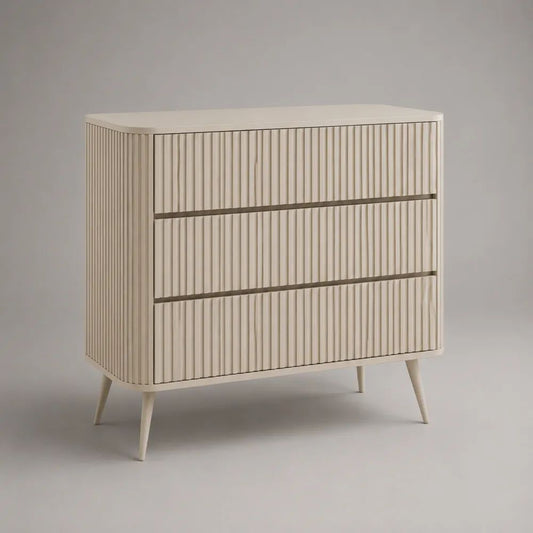 Cassettiera rettangolare in legno color crema con 3 cassetti scanalati, 80 × 40 × 85 cm