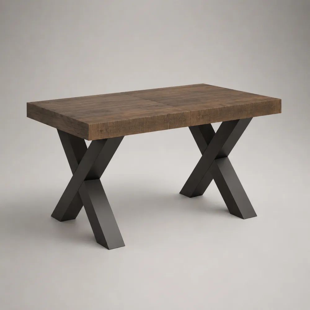 Tavolo da pranzo rettangolare in legno massello e acciaio con gambe a X, marrone e nero, 120 x 80 x 75 cm