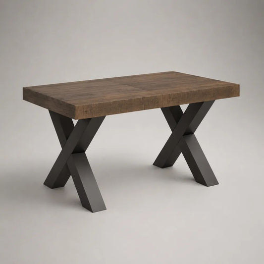 Tavolo da pranzo rettangolare in legno massello e acciaio con gambe a X, marrone e nero, 120 x 80 x 75 cm