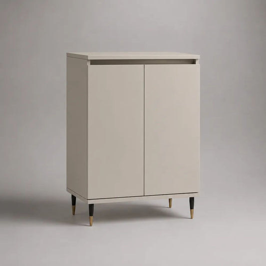 Credenza alta rettangolare a 2 ante in MDF con gambe in acciaio, greige, 80 × 40 × 110 cm