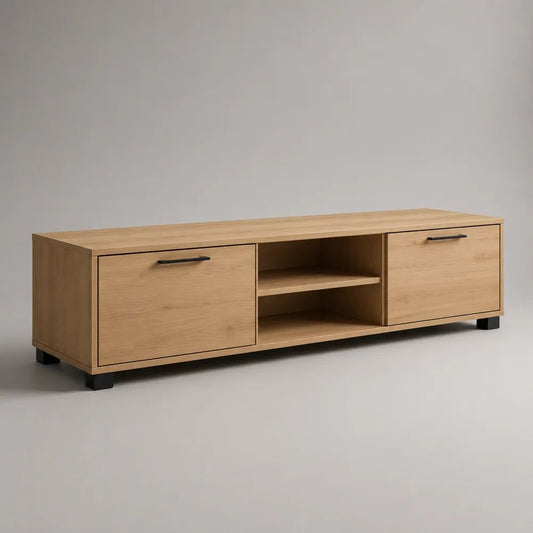 Mobile TV basso rettangolare in pannello di particelle melaminico effetto rovere, con 2 ante e 2 vani, 180 x 40 x 55 cm, rovere naturale e nero