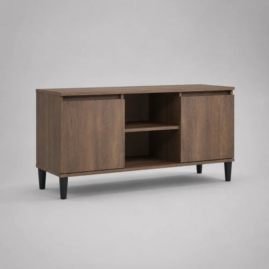 Mobile porta TV rettangolare in legno con 2 ante e 2 vani aperti, marrone effetto noce con gambe nere, 120 x 40 x 75 cm