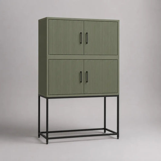 Credenza alta a 4 ante in MDF scanalato e acciaio, verde oliva e nero, 80 x 40 x 130 cm